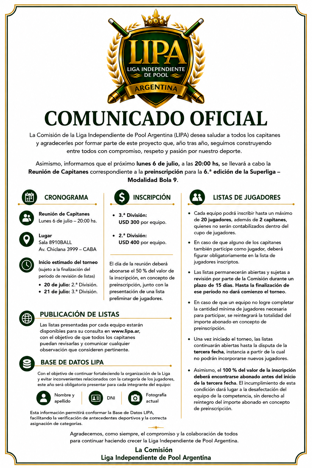 Comunicado oficial sobre inscripción de equipos para la 6ta edición de la Superliga.
